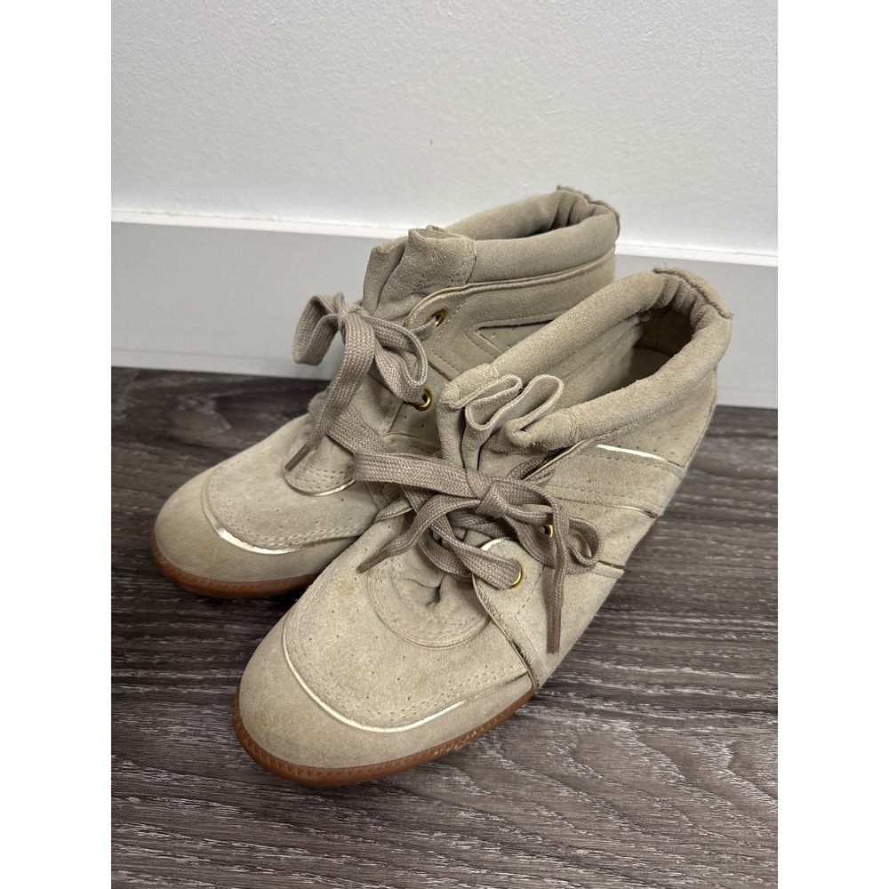 Schutz Sneaker City Tan Suede Hidden Wedge Sneakers Gold Trim Womens 8 39